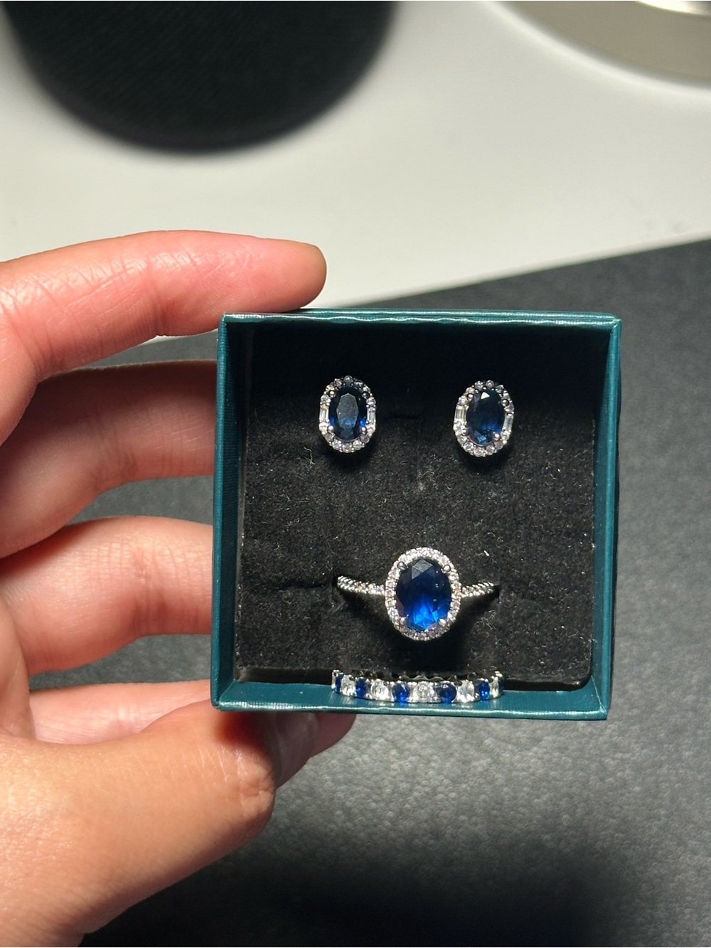 Blue FAUX Sapphire Halo Ring, Eternity Ring and Earrings Set - Women Jewelry